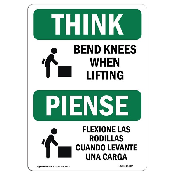 OSHA THINK, Bend Knees When Lifting Bilingual, 24in X 18in Rigid Plastic, 18" W, 24" L, Landscape